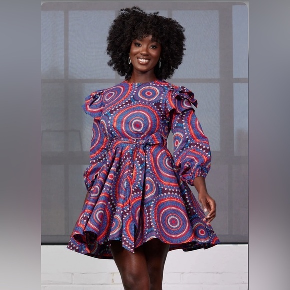 D'IYANU Anola Women's African Print Dress (Red Indigo Circles) NWT 1X - Picture 2 of 14